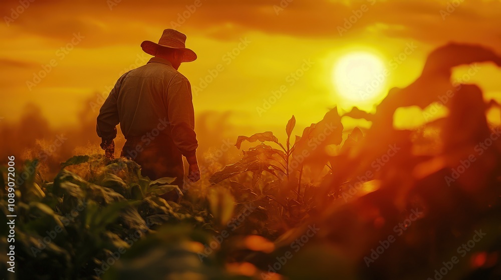 Fototapeta premium Farmer tending crops daily, embodying the steady effort required for growth and harvest.