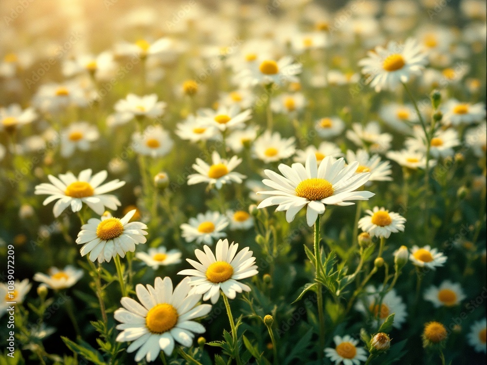 Blooming White Daisy Flowers in Sunlit Meadow at Sunset with Warm Natural Light, Nature Photograph Blooming White Daisy Flowers in Sunlit Meadow at Sunset with Warm Natural Light, Nature Photograph