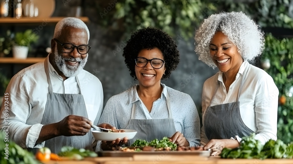 A cozy family gathering in a small kitchen, preparing and eating food together