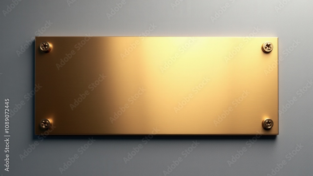 Reflective brass nameplate with a polished surface, mounted on a textured wall for an elegant and minimalist design. Reflective brass nameplate with a polished surface, mounted on a textured wall for an elegant and minimalist design.