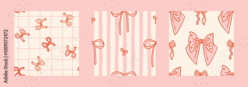 Vector colorful Bow knot, pink gift ribbon seamless pattern set. Hand drawn bow repeated illustration. Wedding celebration, holiday, party decoration gift concept. Girly coquette background collection