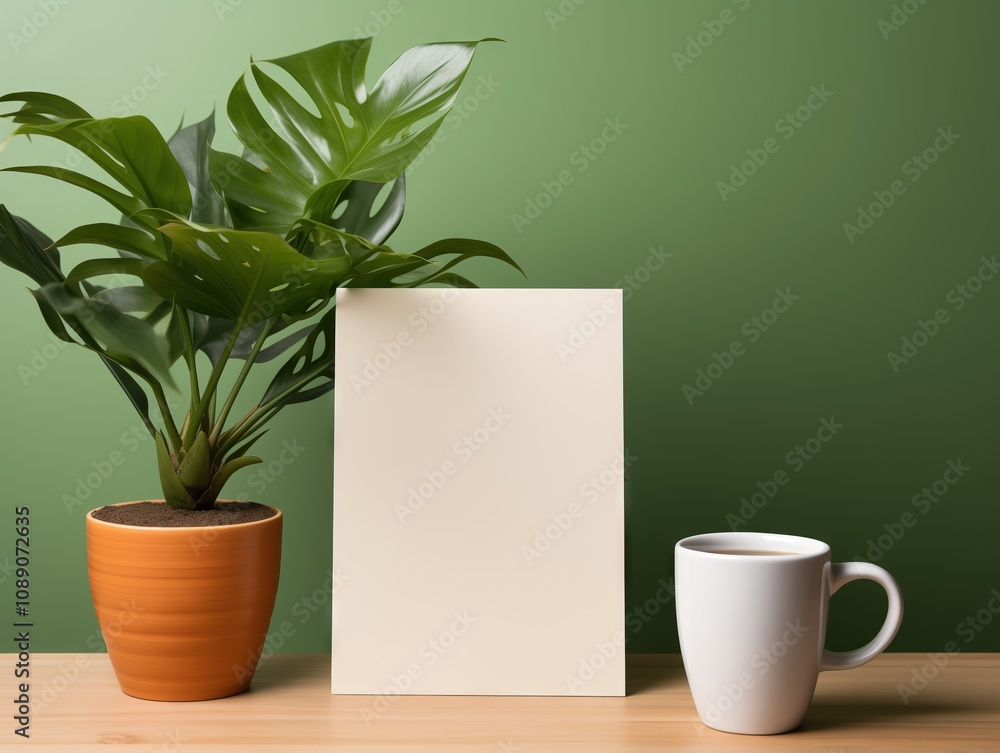Blank note book with cup of coffee and flower pot on table Blank note book with cup of coffee and flower pot on table