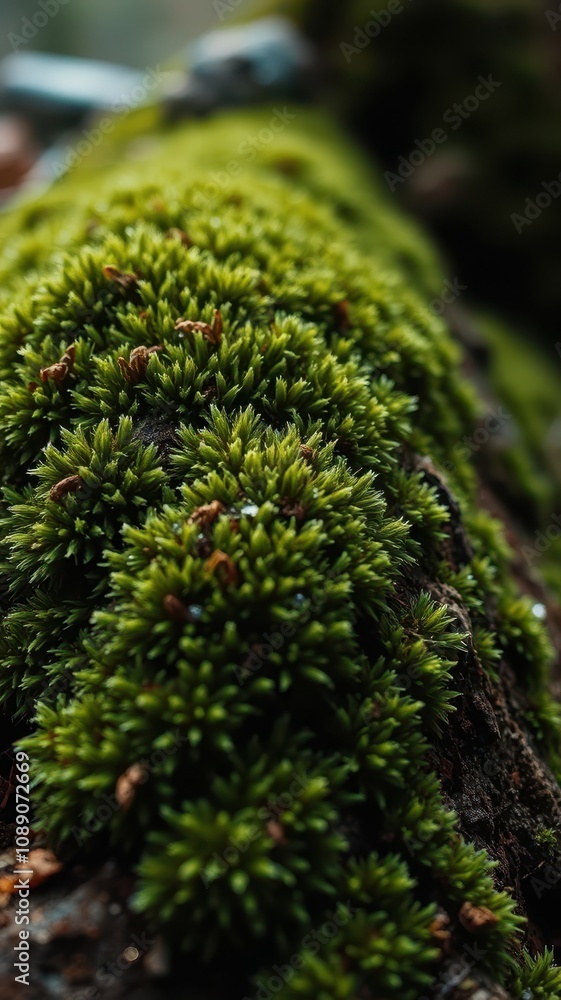 Lush green moss thrives on a forest tree trunk during the morning Lush green moss thrives on a forest tree trunk during the morning