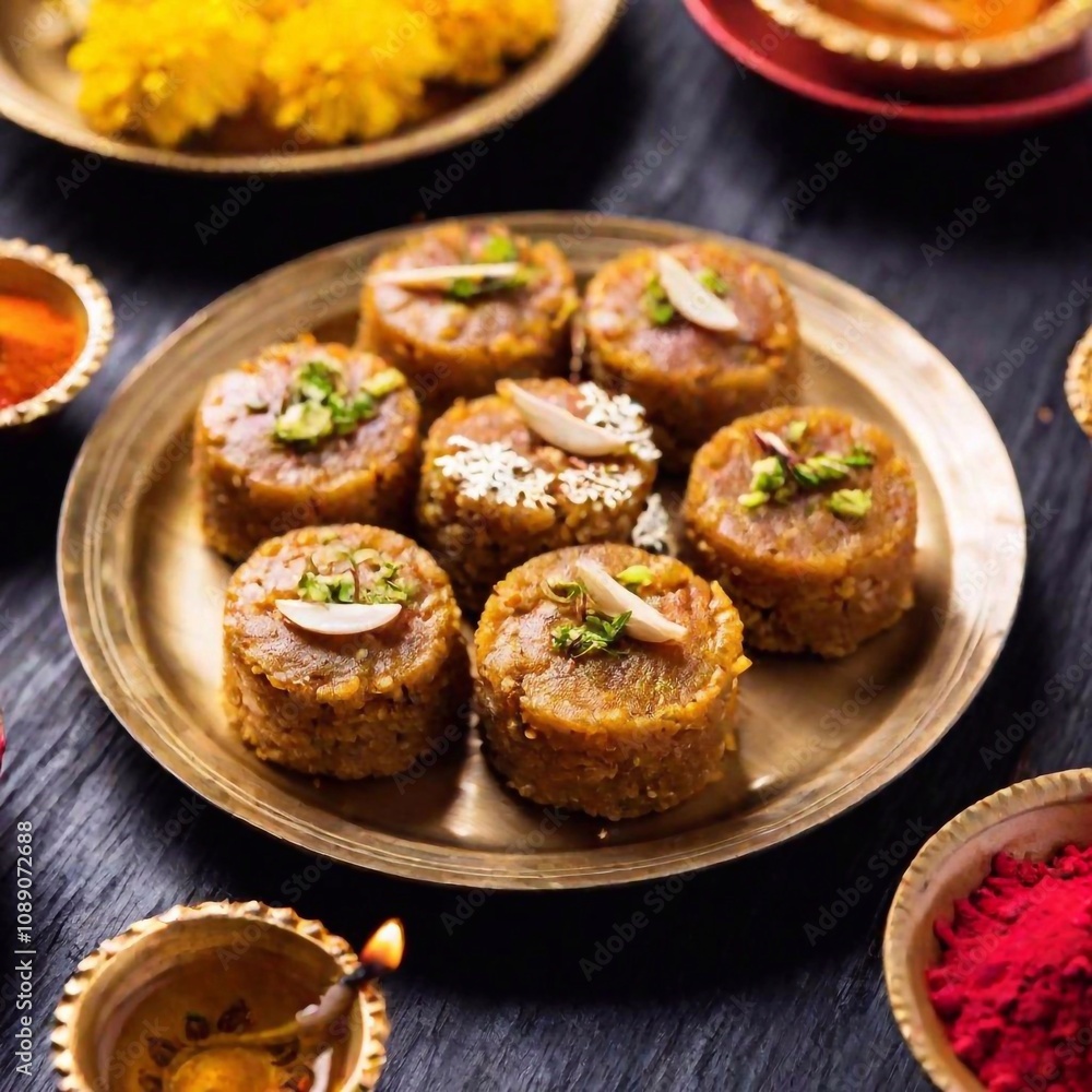 Pop art style at eye level, using rack focus to highlight a beautifully arranged thali of Diwali treats. Sooji Halwa Pop art style at eye level, using rack focus to highlight a beautifully arranged thali of Diwali treats. Sooji Halwa