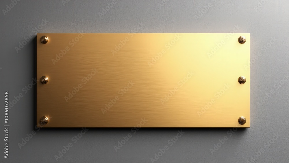 Polished and reflective brass plate, mounted on a textured wall with metallic screws, ideal for professional office interiors. Polished and reflective brass plate, mounted on a textured wall with metallic screws, ideal for professional office interiors.