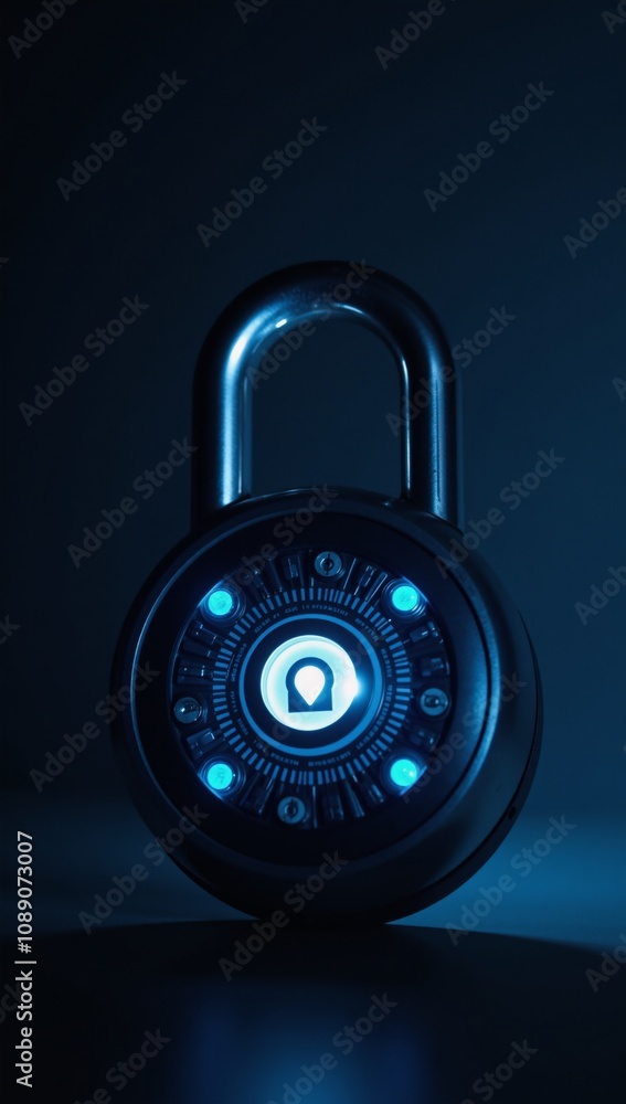 Digital art illustration featuring an online security theme a glowing blue lock set against a dark background Digital art illustration featuring an online security theme a glowing blue lock set against a dark background