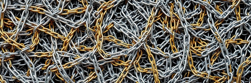 A tangled mass of silver and gold chain forms a complex web-like structure, macro photography, metalwork close-up, isolated elements A tangled mass of silver and gold chain forms a complex web-like structure, macro photography, metalwork close-up, isolated elements