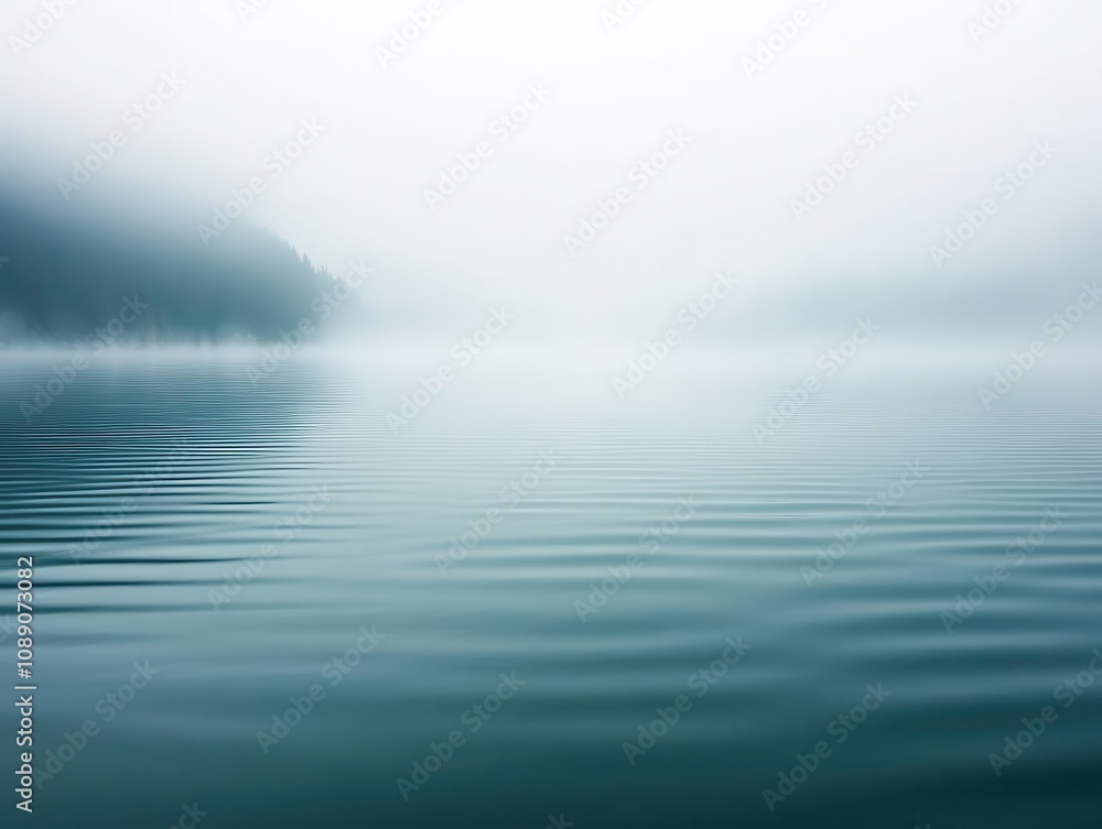 Fototapeta premium serene landscape of a tranquil lake enveloped in morning fog, with gentle ripples on the surface reflecting the soft hues of dawn, evoking peace and stillness