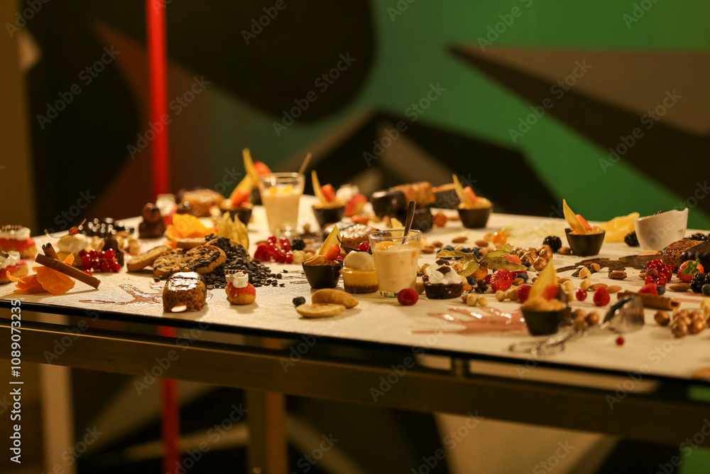 Elegant dessert buffet with an assortment of gourmet treats, including cakes, pastries, and fruits, beautifully displayed on a table, perfect for weddings, events, and celebrations. Elegant dessert buffet with an assortment of gourmet treats, including cakes, pastries, and fruits, beautifully displayed on a table, perfect for weddings, events, and celebrations.