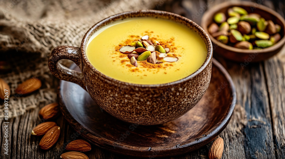 A rustic cup of golden turmeric soup with sliced almonds and pistachios, placed on a wooden plate with scattered nuts, evoking a warm and cozy mood A rustic cup of golden turmeric soup with sliced almonds and pistachios, placed on a wooden plate with scattered nuts, evoking a warm and cozy mood