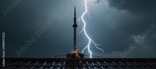 Storm-wracked rooftop with lightning rod offering protection and safety amidst swirling energy of wet weather