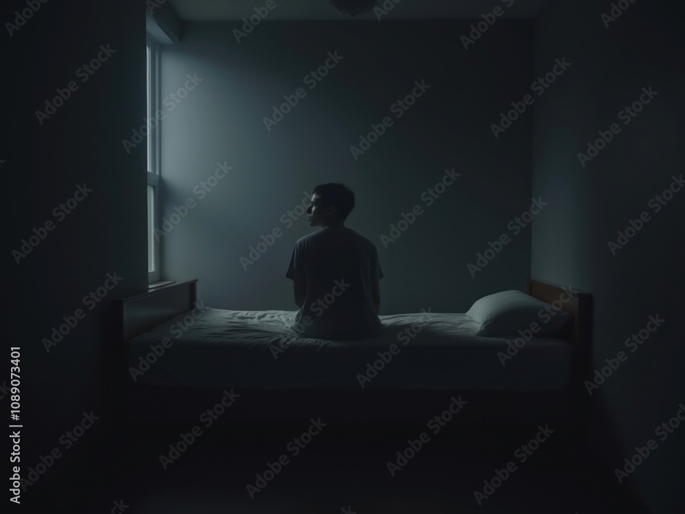 Lonely man sitting on bed contemplating window light in dark room Lonely man sitting on bed contemplating window light in dark room
