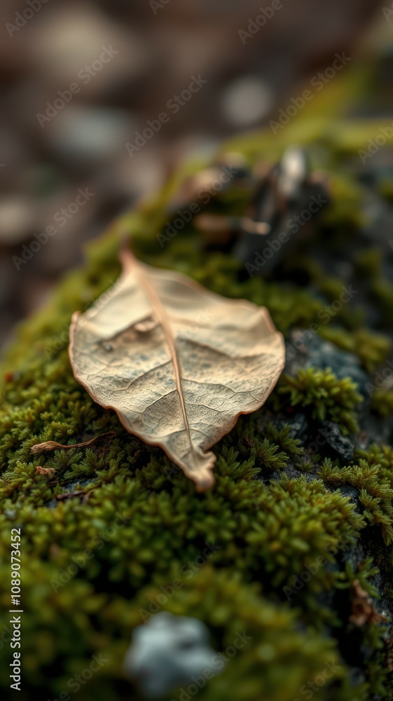A single, dried leaf rests on a bed of vibrant green moss during autumn A single, dried leaf rests on a bed of vibrant green moss during autumn