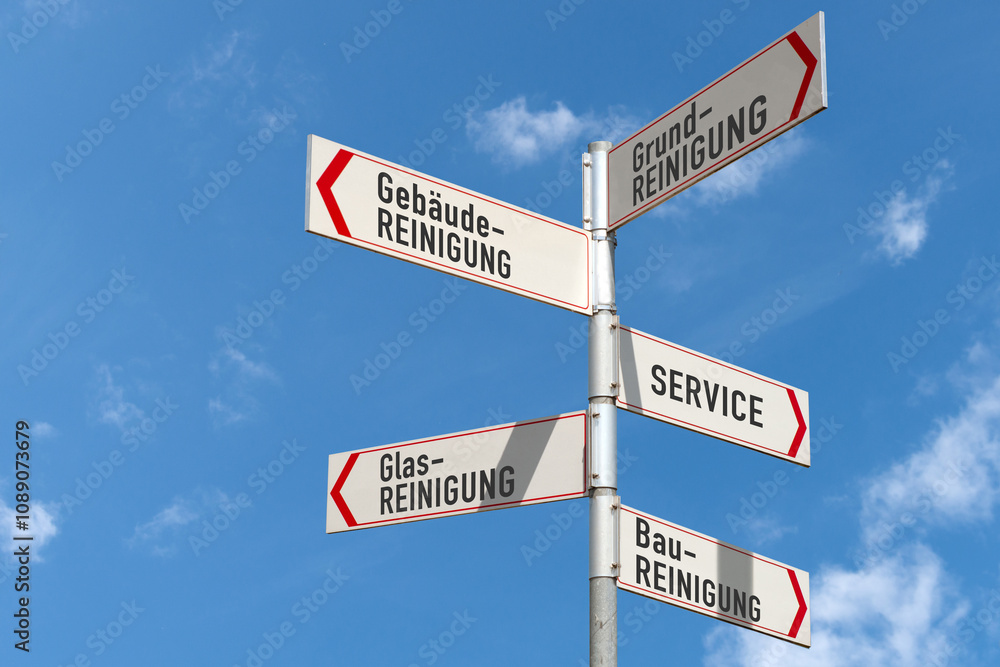Fototapeta premium Gebäudereinigung, Service, Schild, Wegweiser,