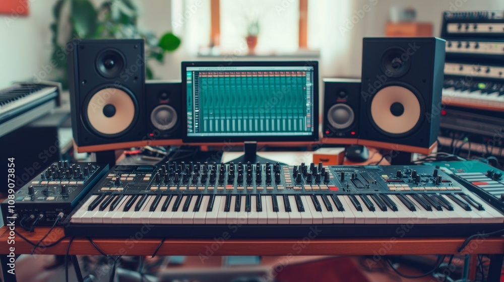 A modern music production studio featuring a keyboard, computer monitor, and speakers, set in a bright, inviting room. A modern music production studio featuring a keyboard, computer monitor, and speakers, set in a bright, inviting room.