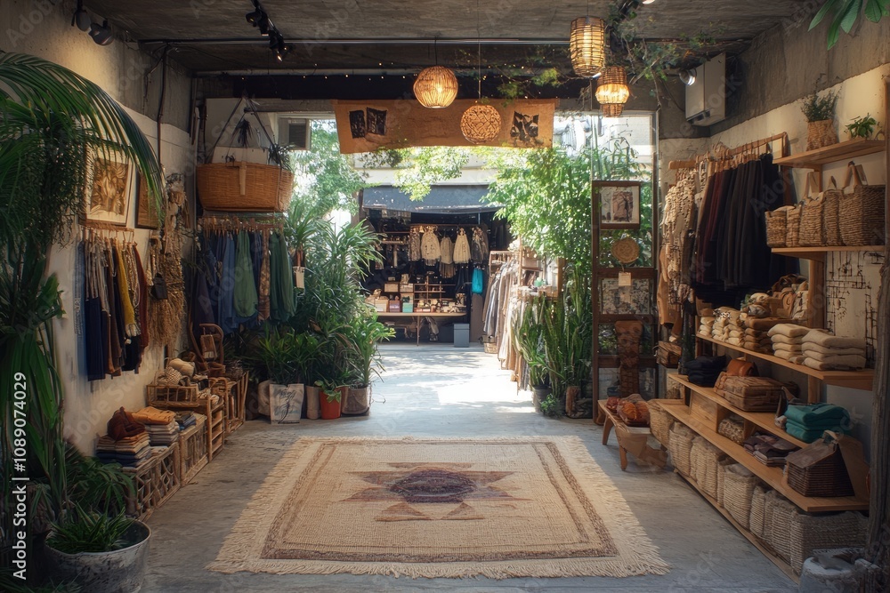 Cozy eco-friendly clothing store interior with green plants and natural materials Cozy eco-friendly clothing store interior with green plants and natural materials