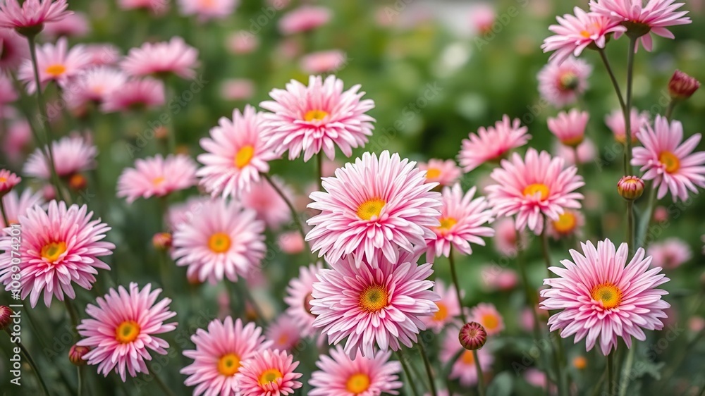 Fototapeta premium Dreamy pastel pink chrysanthemums swaying in the breeze, wind-blown flowers, bokeh, floral arrangement
