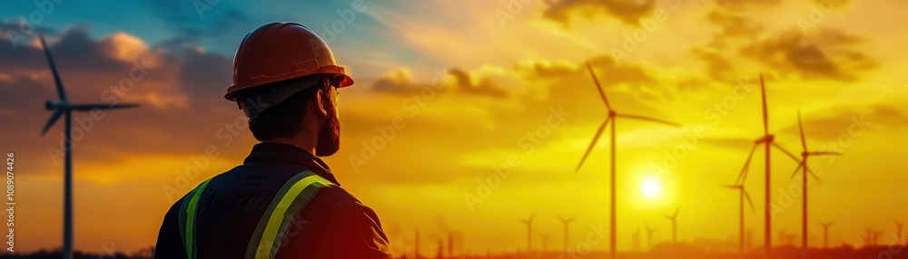 An engineer observes wind turbines against a vibrant sunset, symbolizing renewable energy and innovation in the industry. An engineer observes wind turbines against a vibrant sunset, symbolizing renewable energy and innovation in the industry.