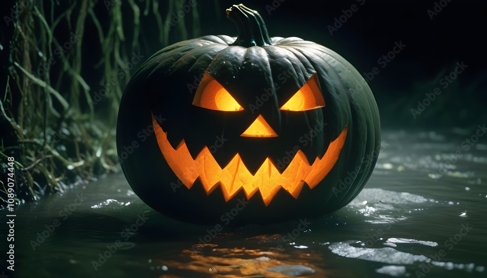 Fototapeta premium A menacing jack-o'-lantern glows in the dark, adding a spooky ambiance to Halloween.