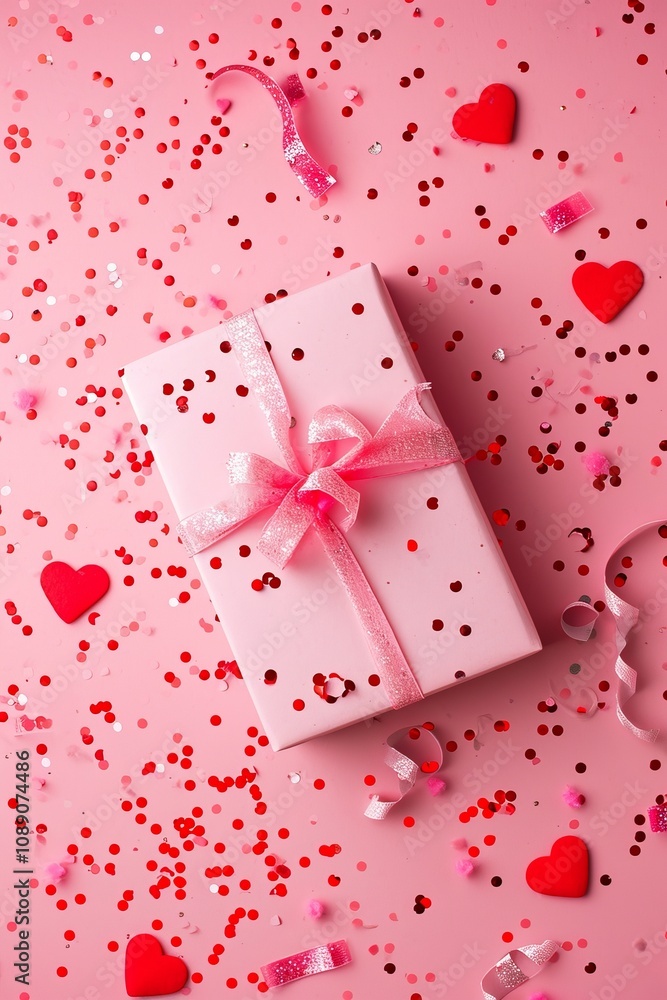 Close up pink gift on red background among heart-shaped confetti with copy space. Valentine's day, romance, love, wedding anniversary concept
Close up pink gift on red background among heart-shaped confetti with copy space. Valentine's day, romance, love, wedding anniversary concept