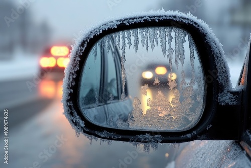 Frozen car mirror reflecting winter road on a sunny day photo