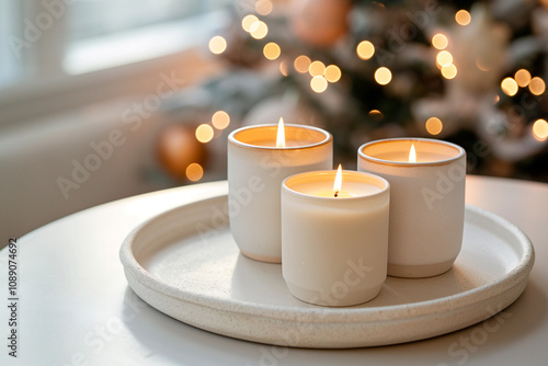 white lit candles on a ceramic tray with blurred christmas tree in the background photo