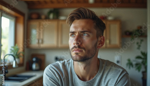 Pensive Man with Intense Gaze Contemplating in Cozy Kitchen