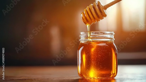 A golden jar of honey with a wooden dipper, glistening in warm light, evoking a sense of natural sweetness and comfort.