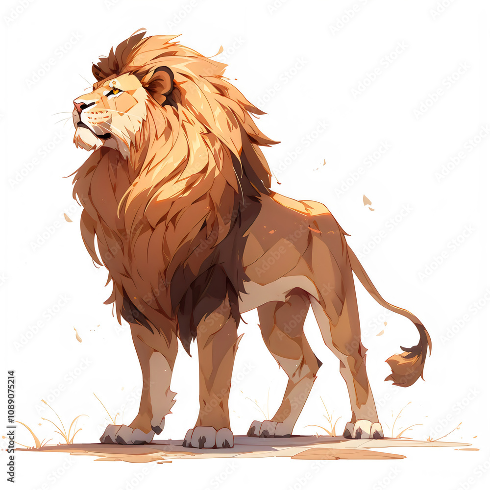 Obraz premium Illustration of a lion standing, isolated on a white background, design art, clip art image, Graphic logo, drawing clip art, Illustration painting, lion cartoon image