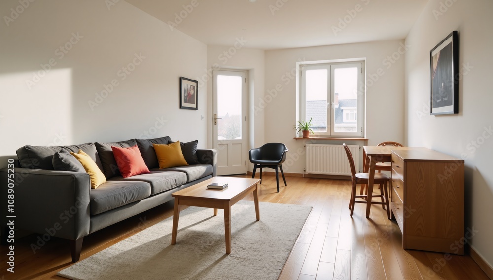 Cozy home studio featuring living area with seating and dining setup by window Cozy home studio featuring living area with seating and dining setup by window