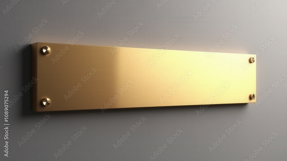 Minimalistic brass signage mockup featuring a reflective finish, secured with metallic mounts to a textured background. Minimalistic brass signage mockup featuring a reflective finish, secured with metallic mounts to a textured background.