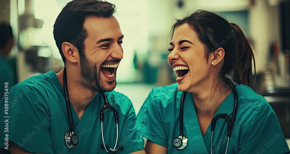 Two smiling doctors in scrubs, laughing and having fun together at the hospital.