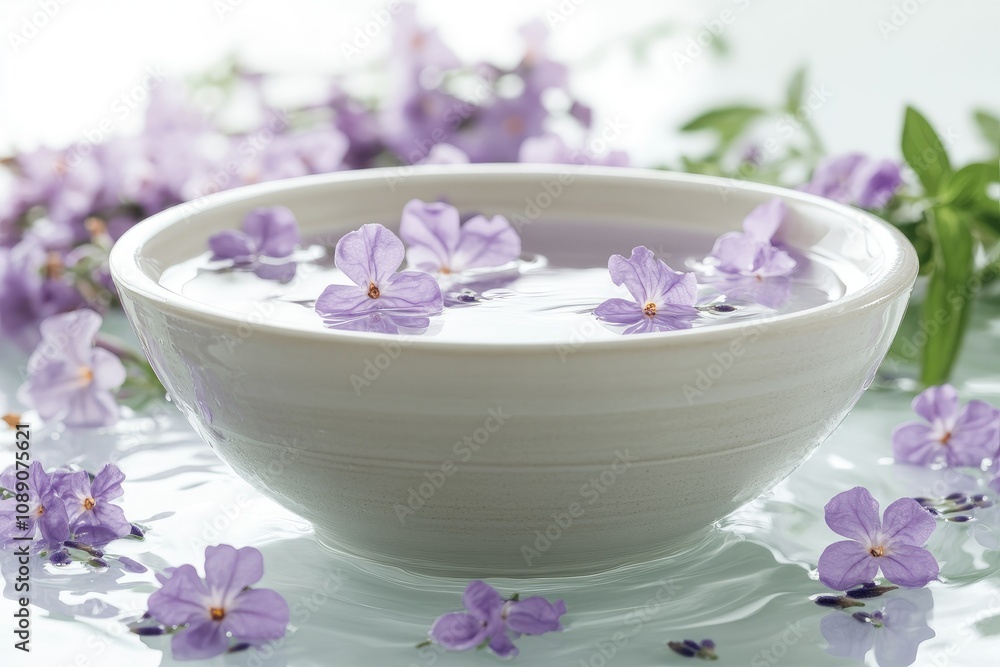 Purple flowers floating in bowl with water for spa treatment Purple flowers floating in bowl with water for spa treatment