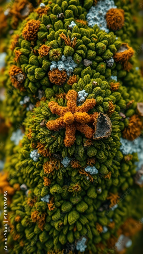 Close-up view reveals intricate details of a vibrant moss cluster during the afternoon sun Close-up view reveals intricate details of a vibrant moss cluster during the afternoon sun