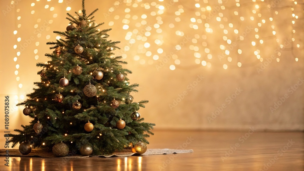 Evergreen Christmas tree against a warm gold blurred background, with subtle reflections on the surrounding floor, holiday decor, gold light Evergreen Christmas tree against a warm gold blurred background, with subtle reflections on the surrounding floor, holiday decor, gold light