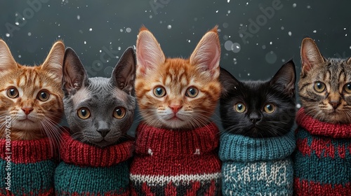Adorable cats wearing festive sweaters in a winter setting