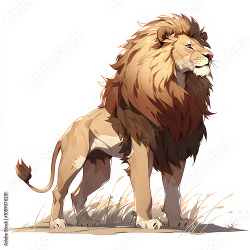 Illustration of a lion standing, isolated on a white background, design art, clip art image, Graphic logo, drawing clip art, Illustration painting, lion cartoon image photo