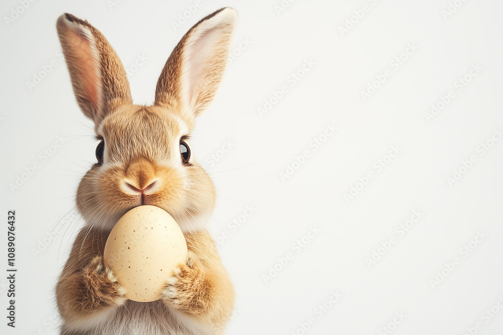 Fototapeta premium A Easter bunny holding an Easter egg, isolated on a white background, in a simple style. 