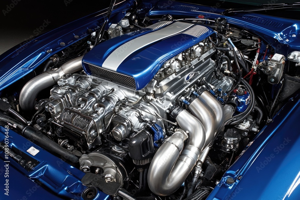 Powerful customized car engine showing pistons and manifold Powerful customized car engine showing pistons and manifold