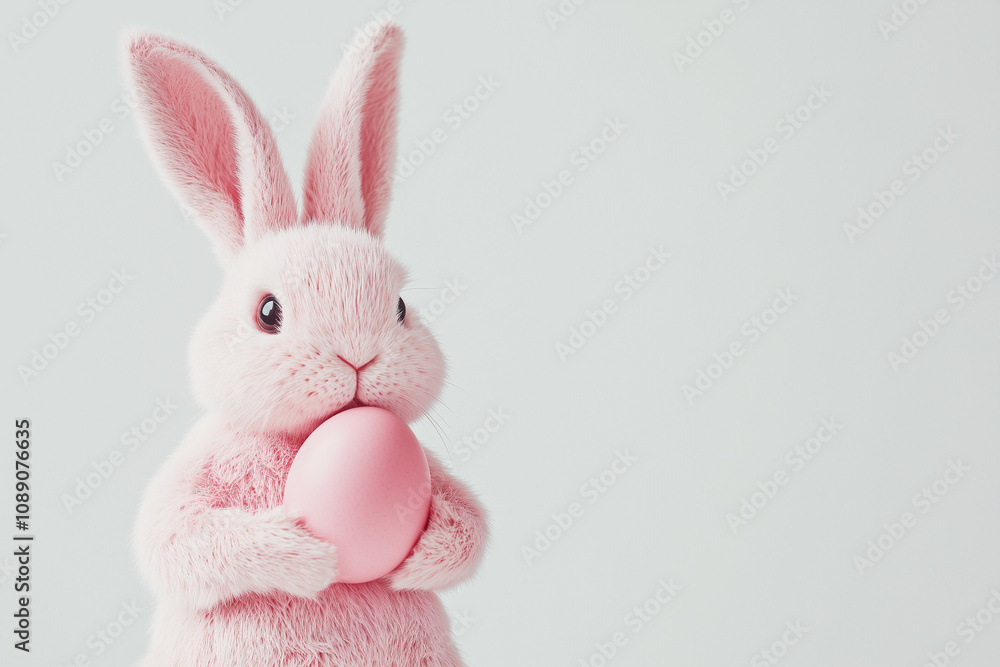 Obraz premium A Easter bunny holding an Easter egg, isolated on a white background, in a simple style. 