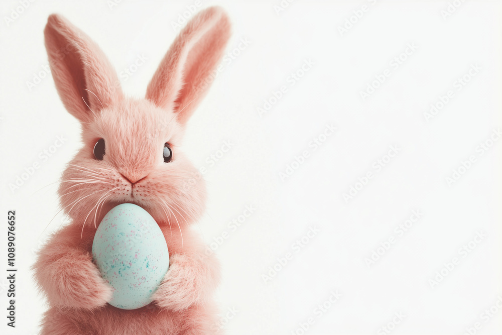 Fototapeta premium A Easter bunny holding an Easter egg, isolated on a white background, in a simple style. 