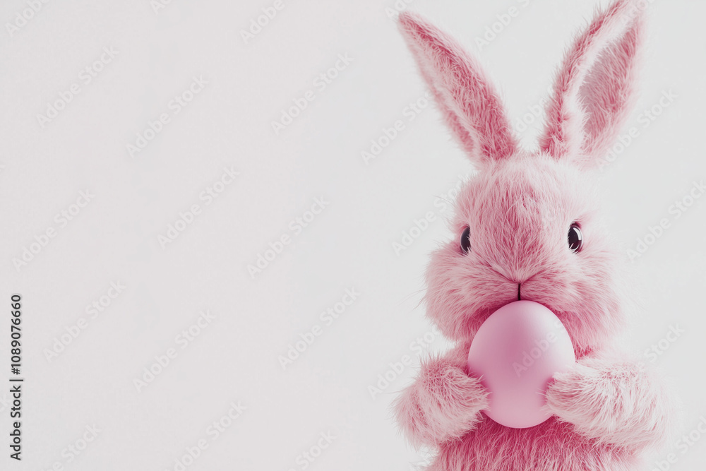 Obraz premium A Easter bunny holding an Easter egg, isolated on a white background, in a simple style. 