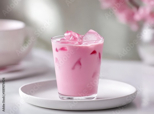 Refreshing iced pink matcha latte in glass with a floral background