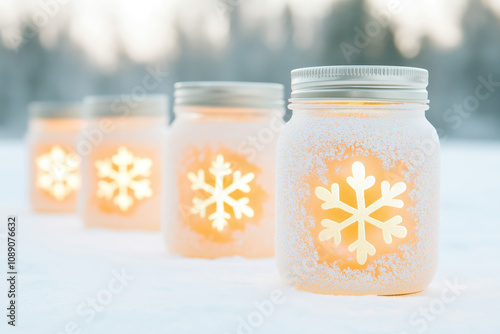 beautifully decorated white frosted mason jar lanterns with snowflakes on a snowy background for a festive winter setting photo