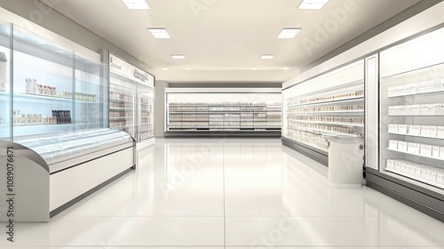 Modern Supermarket Interior with Clean Aisles and Bright Lighting, Featuring Refrigerated Displays and Organized Shelves with Various Products