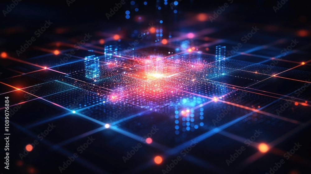 Abstract Digital Network Representation with Bright Lights and Colorful Data Visualizations in 3D Space Enhancing Future Technology and Communication Systems