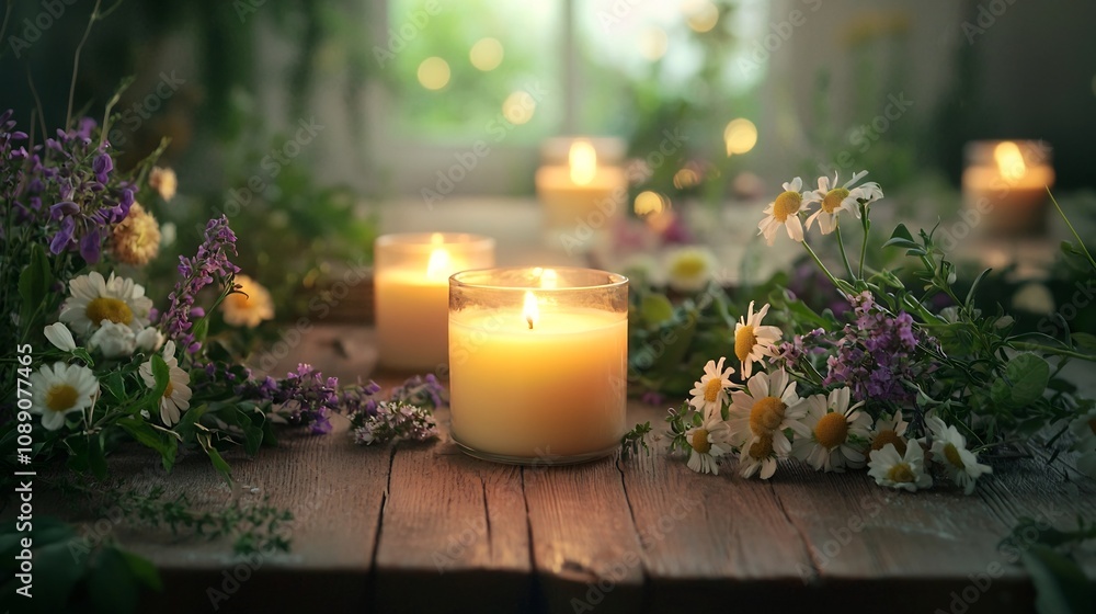Glowing Natural Soy Candles Surrounded by Fresh Flowers and Herbs on Rustic Wooden Table Glowing Natural Soy Candles Surrounded by Fresh Flowers and Herbs on Rustic Wooden Table