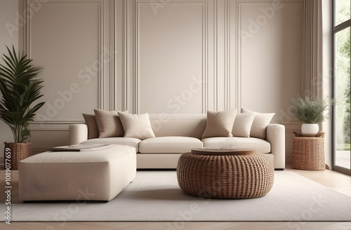 Modern living room with neutral tones and natural elements featuring a comfortable sofa and stylish woven coffee table
