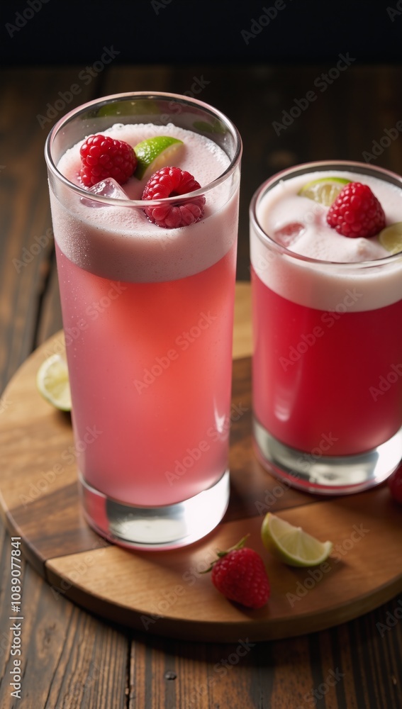 Two cocktails garnished with raspberries limes and served chilled on a wooden platter Two cocktails garnished with raspberries limes and served chilled on a wooden platter