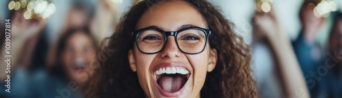 A joyful woman smiles broadly while cheering, surrounded by a group of enthusiastic people celebrating together.